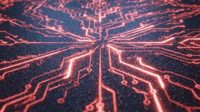 Closeup of a circuit board with glowing orange pathways on a dark blue background with a textured surface