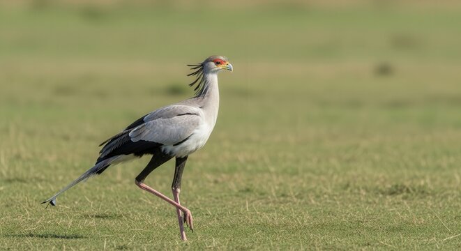Eurasian Bustard Walking Across Grassland Under Clear Sky