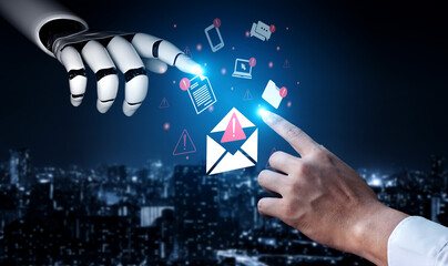 A striking visual featuring a robotic hand reaching out to touch a human finger, connected by a...