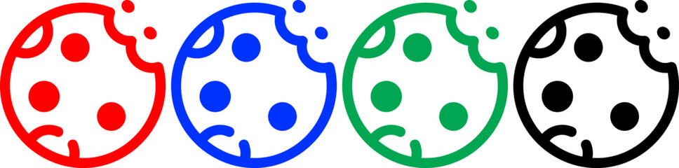 Group of bitten cookie icons in red blue green and black representing sweet snacks and baked goods