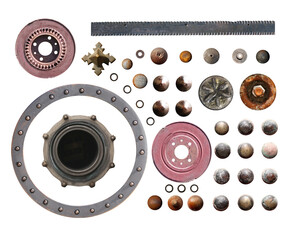 Vintage nail and rivet collection. Set of retro steel screw-nuts, rusty rivets hardware, old screw, nail head, metal plate and bolt for industrial and steampunk design. Isolated on white background