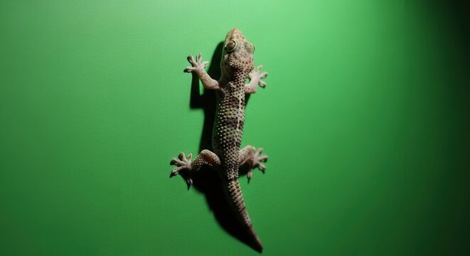 Close-up of a Geckos Climbing on a Vibrant Green Wall for Nature and Animal Themes