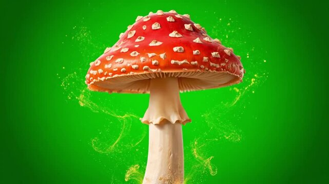 Fly agaric mushroom in vibrant green background with magical sparks in bright lighting for fantasy design