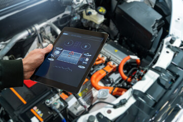 Checking the battery pack of an electric car at a service center