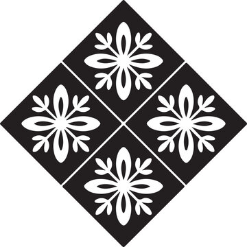 A striking black diamond shape composed of four squares with intricate white floral patterns