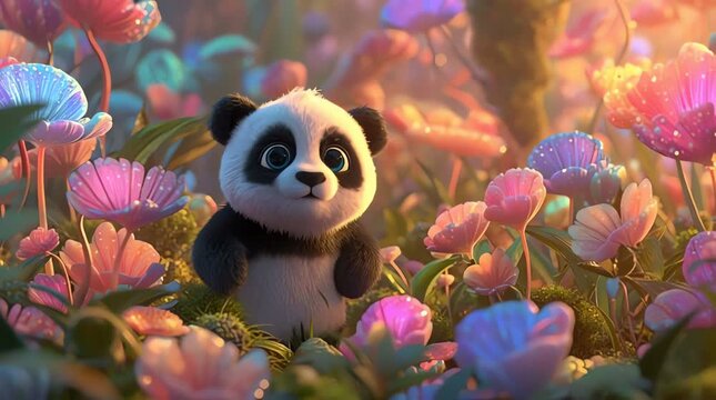 Cute Baby Panda Dance in a Magical Glowing Flower Field