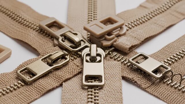 Close-Up of Beige Zipper Components Arranged in a Star Shape on White Background