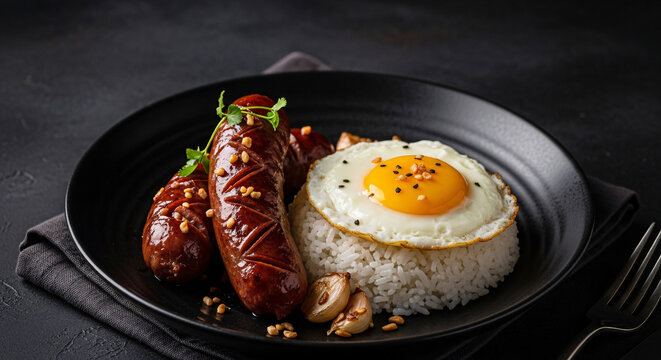 Filipino breakfast with longganisa sausage, garlic rice, fried egg, and toasted garlic on a black plate