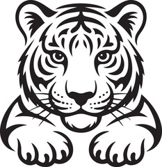 Obraz premium Stylized black and white illustration of a tigers head with its front paws looking directly forward