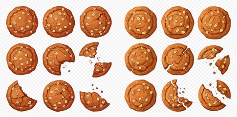 Set of cartoon oatmeal cookies with sesame seeds, whole and broken into pieces, isolated on transparent background.