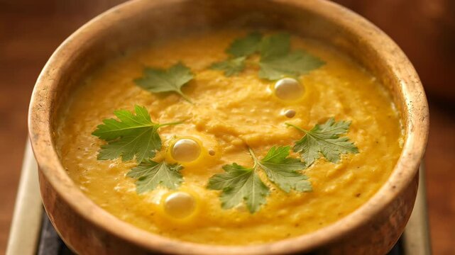 Traditional Indian Dal Simmering in a Copper Pot with Fresh Herbs and Spices for Festive Cuisine