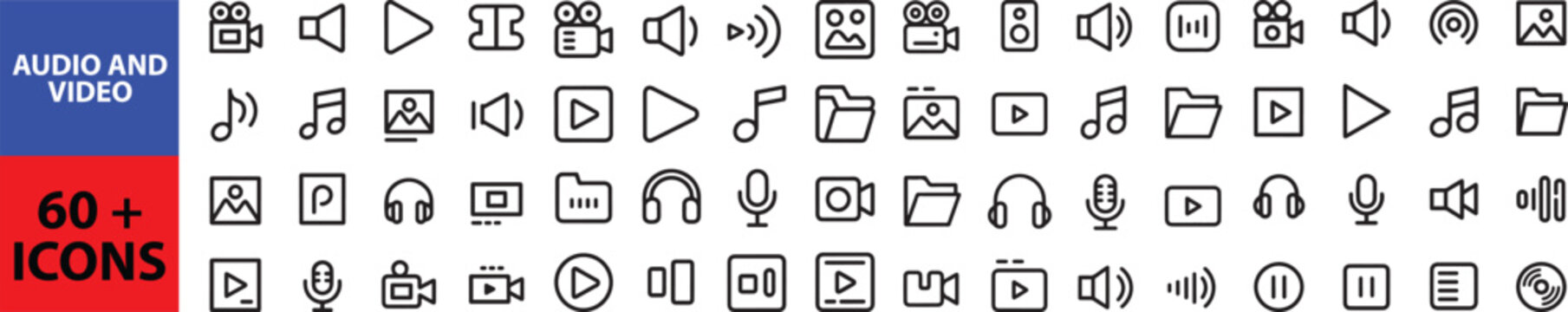 Audio and Video web icons in line style. Cinema, speaker, online, picture, play button, music, collection. Editable stroke. Outline icon in linear style