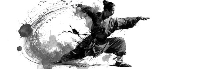 Naklejka premium Dynamic Chinese Ink Martial Arts Illustration of a Kung Fu Practitioner Isolated on White Background with Copy Space. Created with Bold Calligraphic Brushstrokes and Dynamic Ink Splashes. Generative A