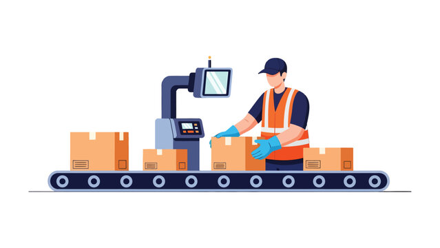 Factory Automation: A diligent worker manages the automated assembly line. This illustration shows the synergy of human labor and advanced technology in the realm of modern manufacturing