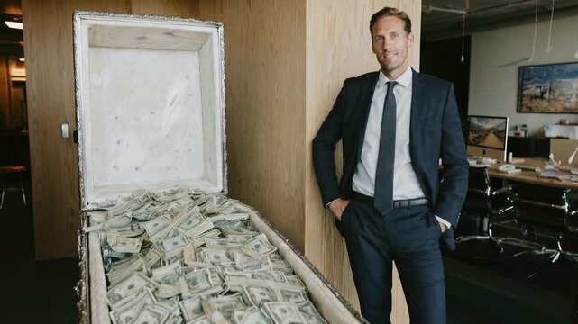 Executive standing beside open coffin filled with money presenting dark satire about wealth obsession greed and extreme pursuit of financial success