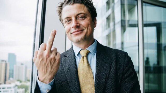 Confident executive showing middle finger in high rise office symbolizing defiance competitive spirit and assertive business attitude