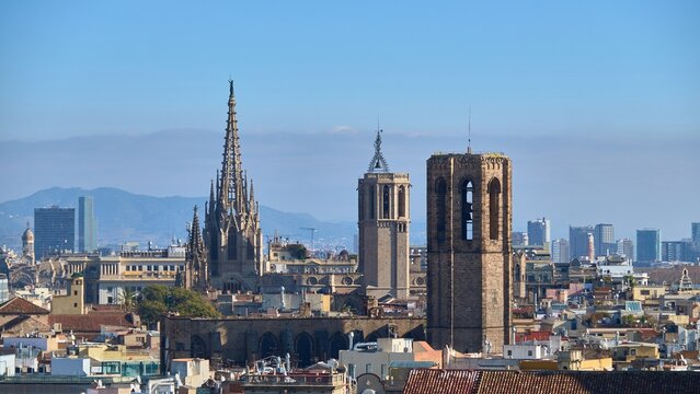 Barcelona Cathedral skyline over Gothic Quarter with panoramic city rooftops