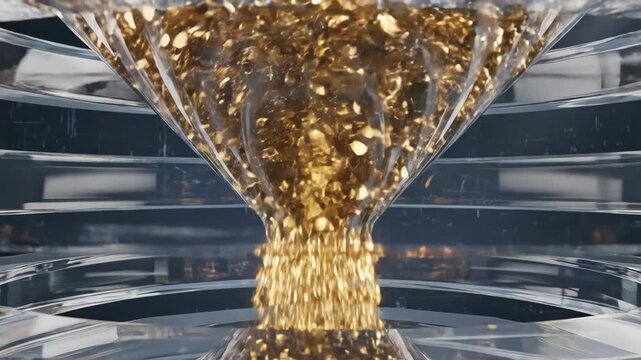 Elegant abstract gold glitter stream pouring into crystal. luxury symbol of powerful marketing and technology innovation with particle burst