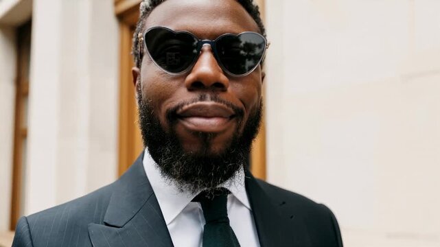 Confident businessman in stylish sunglasses standing outdoors near modern building conveying leadership success ambition contemporary fashion and professional charisma