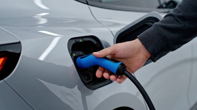 Person Plugging in a Blue Charging Cable into an Electric Vehicle at a Modern Charging Station Facility