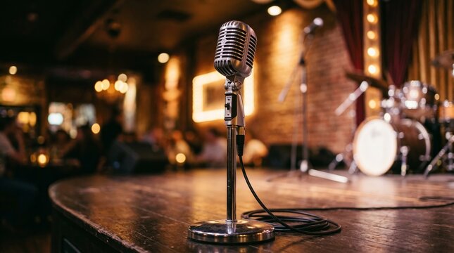 A classic vintage microphone stands on a dimly lit stage in a cozy jazz club, ready for performance. Generative AI.