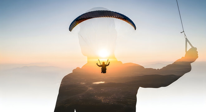 A person paragliding in the air during sunset with a parachute and a beautiful view