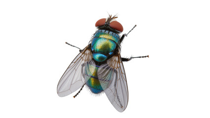 Isolated iridescent green blue fly with detailed translucent wings and compound red eyes © Lubos