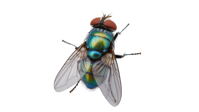 Isolated iridescent green blue fly with detailed translucent wings and compound red eyes