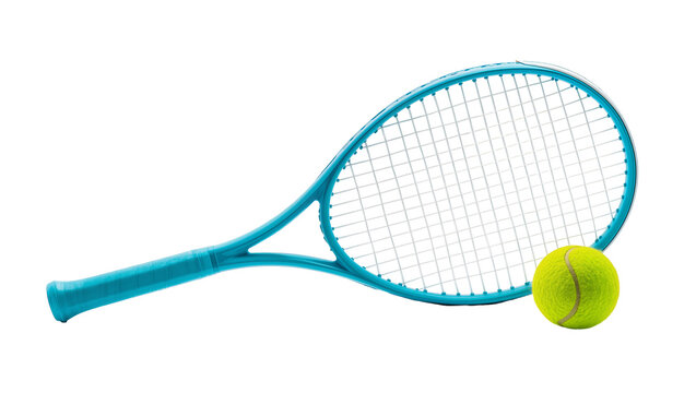 Isolated vibrant tennis racket with a bright yellow fuzzy ball for sports equipment