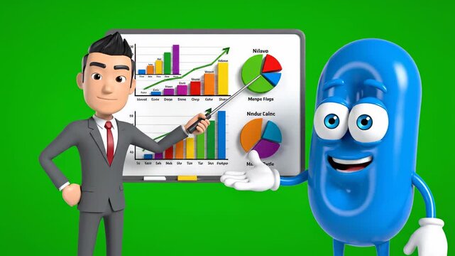 Animated businessman and cartoon character presenting business charts and graphs on green screen background