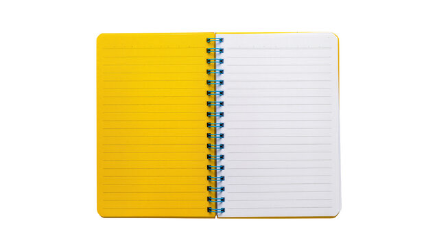 Isolated open spiral-bound notebook with bright yellow cover and blank lined white pages