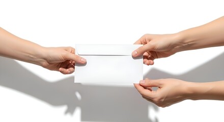Obraz premium Two Hands Exchanging a White Envelope on White Background