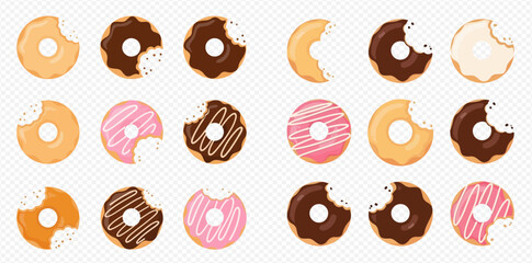 Set of bitten donuts with various glazes and toppings on a transparent background, vector illustration.