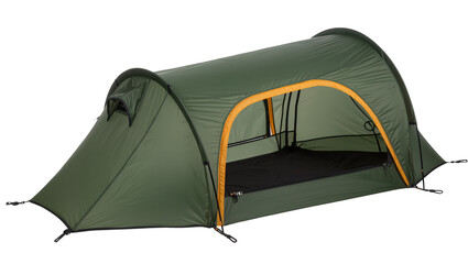 Isolated modern green camping tent with open entrance and orange accents for outdoor activities © Gael