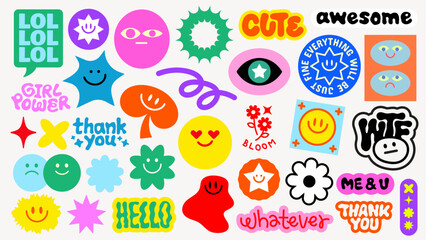 Fototapeta premium Colorful stickers with playful designs, featuring words like 'thank you', 'hello', 'cute', and 'awesome' Bright, fun, and expressive graphics Funky stickers, vector set