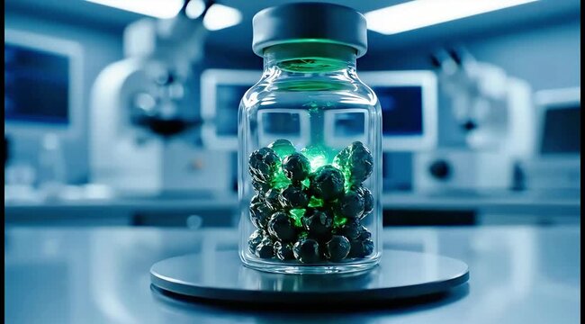 Glowing Green Substance in Vial - Futuristic Lab Experiment Science Research Discovery Innovation Technology Medical Mystery