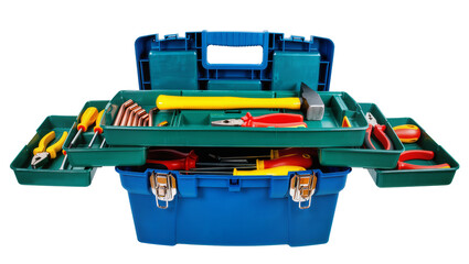 Naklejka premium Isolated open blue plastic toolbox with essential hand tools for home repair and construction work.