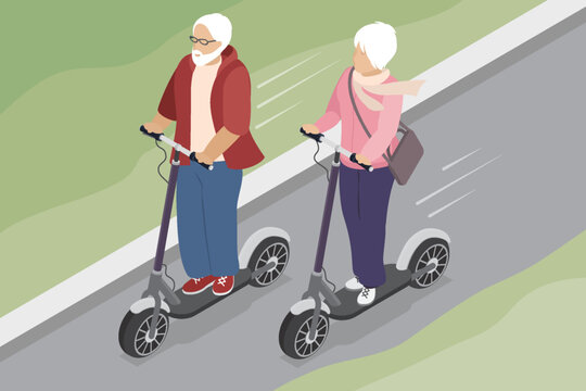 Elderly couple riding electric scooters. Happy senior man and woman riding scooters outdoors. Modern pensioners after retirement. Vector isometric illustration on abstract background.