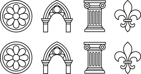 Obraz premium Gothic architecture elements icon set with rose window arch column and fleur de lis ornament, medieval building outline vector icons collection