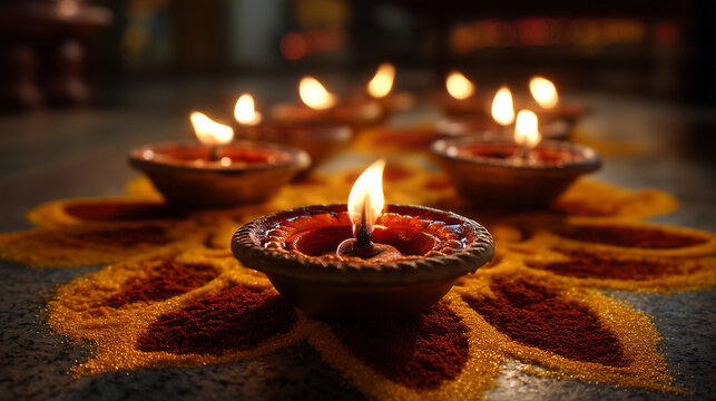 intricate sand art illustration of glowing temple oil lamps (deepam), made entirely from colored sand grains, vivid saffron, red and gold tones, soft glowing flame, traditional ind