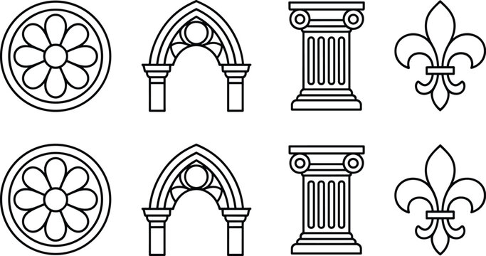Gothic architecture elements icon set with rose window arch column and fleur de lis ornament, medieval building outline vector icons collection