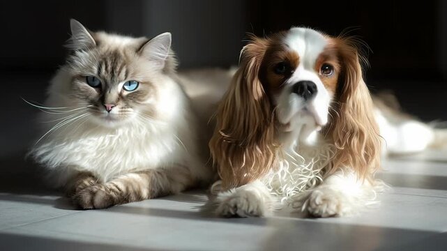 Elegant light minimalism with a Siberian Cat and Cavalier King Charles Spaniel Dog, Fluffy cat and dog lie side by side, calm and content. Their eyes meet the camera with quiet, gentle expressions. 