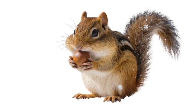 Isolated cute small chipmunk holding an acorn in its paws, looking at camera in winter