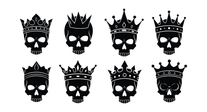 Eight skull illustrations with ornate crowns in a monochrome style