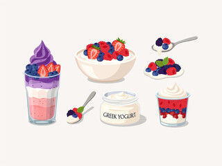 Greek Yogurt with Fresh Mixed Berries Illustration Set © Akasha Design