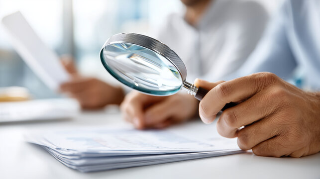 Wide bright office scene of two faceless accountants from behind at a bright desk, one holding a magnifying glass over a printed document while the other reviews supporting files,