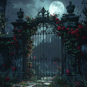 Mysterious ornate gate under a full moon, overgrown with red roses and vines, leading to a dark, enchanted garden.