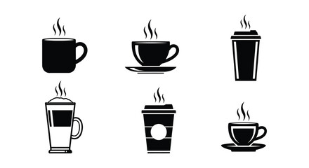 Fototapeta premium Black and white illustration of six different steaming coffee cups