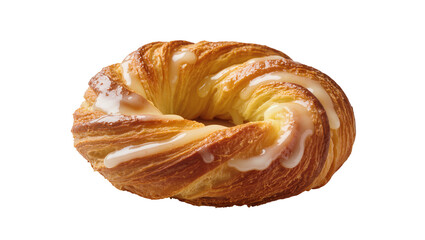 Fototapeta premium Isolated golden brown glazed Danish pastry with sweet vanilla icing, delicious breakfast dessert
