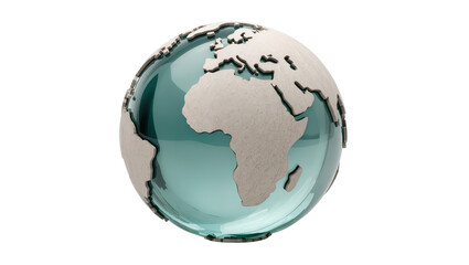 Isolated stylized transparent turquoise glass globe with raised landmasses representing continents © Isolde